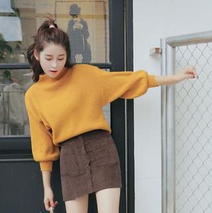 2016秋装新款 韩国糖果色灯笼袖高领毛衣针织衫女短款宽松外套