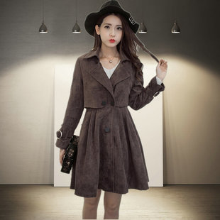 2016秋季韩版女装纯色纽扣灯芯绒外套女中长款西装领单排扣大衣女