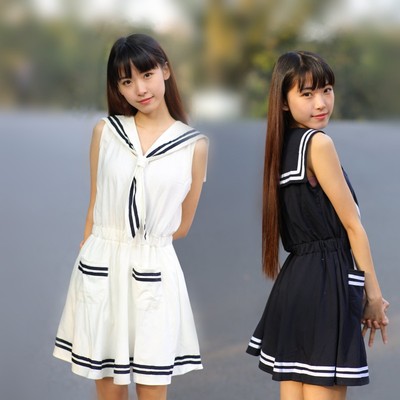 新款夏季清纯修身无袖黑白双色连衣裙甜美纯棉海军学院风制服套装