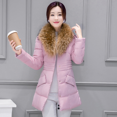 2016冬季韩版新款修身百搭时尚中长款棉衣女大毛领棉袄防寒服