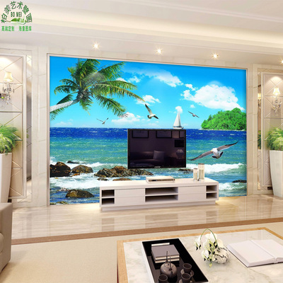 中式大型影视墙无缝壁画3d立体客厅电视背景墙壁纸无纺布墙纸海景