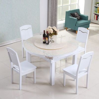包邮实木烤漆餐桌椅可伸缩钢化转盘圆形大理石餐桌椅组合 小户型