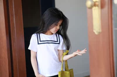 韩国品牌童装代购2016年夏季纯棉水手服图案圆领女童纯白色T恤