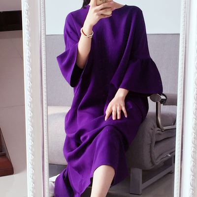 试卖走秀款 超厚深紫重磅质感十足重磅真丝连衣裙荷叶袖宽松