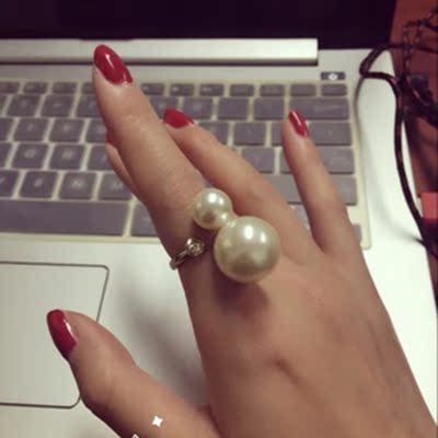 迪奥德珍珠戒指 白色大小双珍珠戒指指环女款 淡金色开口戒指