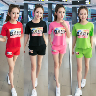 夏季时尚套装女两件套学生跑步T恤短袖短裤韩版大码显瘦运动服潮