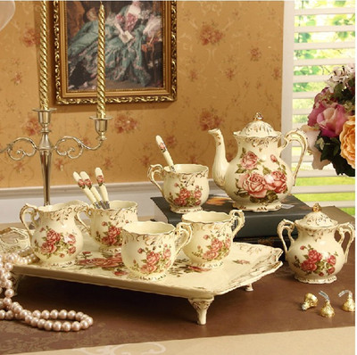 新婚礼品高档8头玫瑰咖啡杯壶套装欧式结婚复古午茶陶瓷茶具包邮