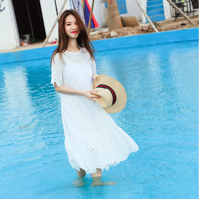 白色蕾丝连衣裙女夏装两件套2017新款韩版镂空修身显瘦短袖A字裙