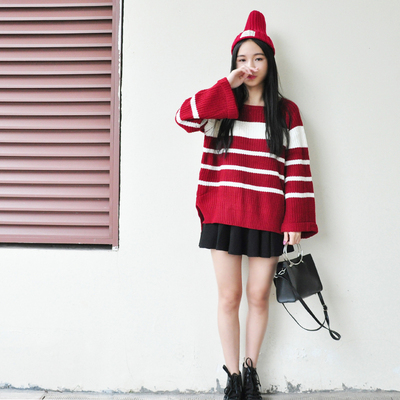 韩国宽松百搭加厚酒红色条纹针织毛衣女秋冬套头学生潮喇叭袖外套