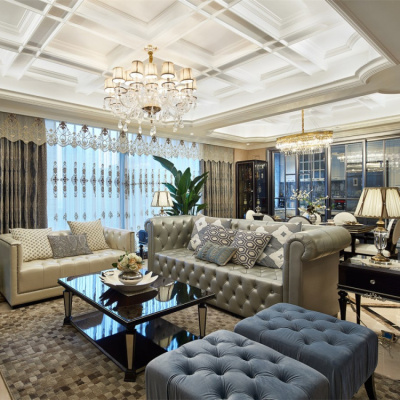 现代美式双人真皮布艺沙发售楼处欧式客厅实木样板房整装组合沙发