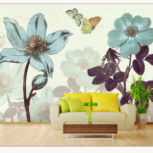 复古欧式大型壁画艺术油画 蓝色花卉墙纸蝴蝶壁纸 客厅电视背景墙