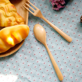 百木生活 日式木质餐具宝宝叉勺2件套装 天然环保木勺子西餐叉子