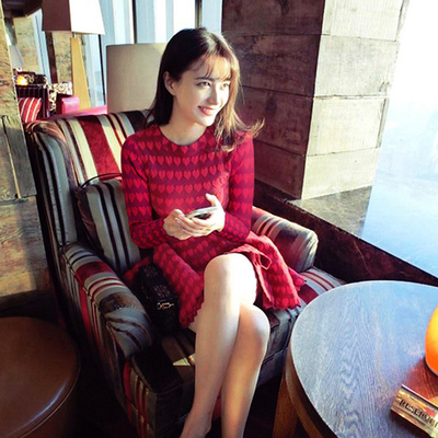 2016秋装新款女装明星同款修身收腰中长裙红色针织连衣裙显瘦裙子