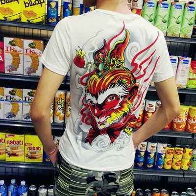 夏季中国风美猴王图案短袖T恤男纹身刺青个性关公印花半袖上衣潮