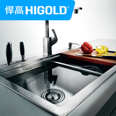 HIGOLD悍高 厨房手工水槽双槽加厚304不锈钢龙头套餐带刀架洗菜盆