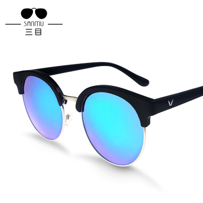 三目正品韩国V牌新款男女太阳镜圆形大框反光镜面眼镜明星款墨镜