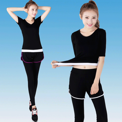 韩版瑜伽服套装夏季纯棉专业莫代尔显瘦跑步健身服女短袖束腿裤