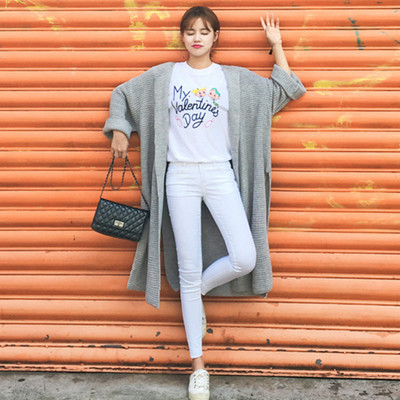 2016灰色学院风秋冬新款女装 韩国同款时尚开叉长款针织毛衣开衫