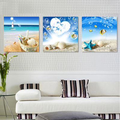 地中海三联画装饰画现代客厅墙画无框画壁画沙滩海洋海星风景挂画