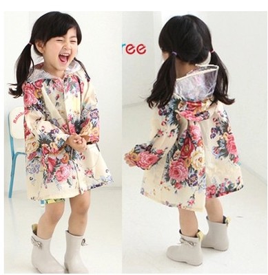 韩版时尚女童小童儿童雨衣甜美花朵可爱学生防水大帽檐裙子式雨披