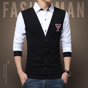 男士长袖衬衫新品青年韩版T恤假两件衬衣领体恤修身男装大码休闲