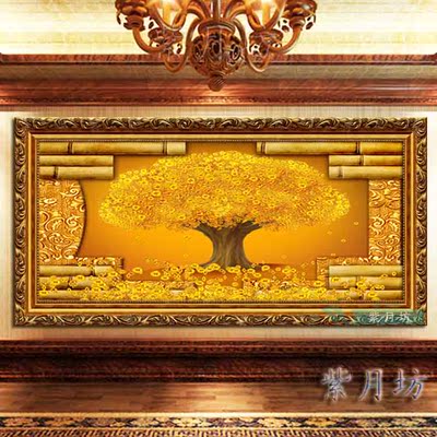 黄金满屋家居装饰喷绘油画挂画客厅沙发墙有框壁画玄关贴画金钱树