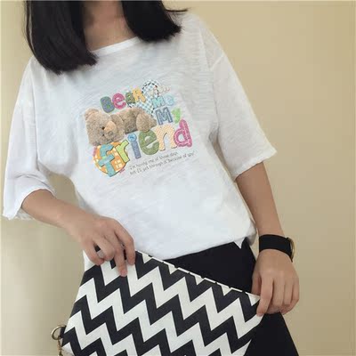 好质量 韩版2016夏装新品卡通公仔小熊圆领宽松女式短袖t恤衫