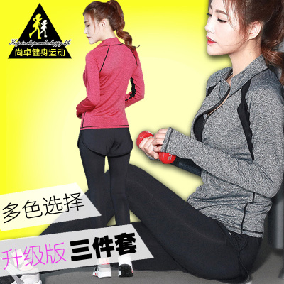 韩国瑜伽服秋冬季套装女长袖假两件长裤健身房健身服三件套装速干