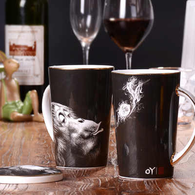 艺伙瓷客oy手绘原创个性陶瓷马克杯带盖勺大容量创意咖啡杯