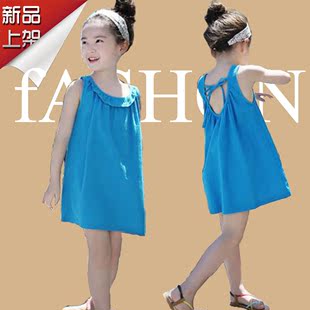2016新款夏季女童连衣裙蓝色无袖棉麻儿童韩版韩国公主裙薄款夏装