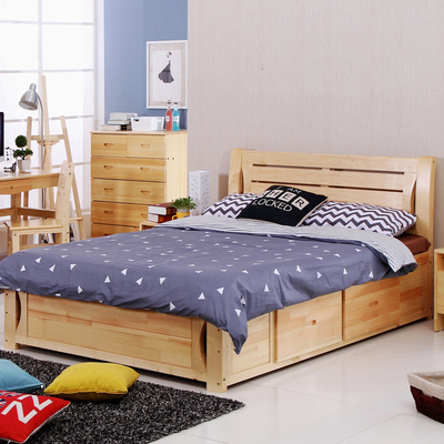 包邮实木双人床白色韩式简约1.5m 1.8米单人床松木成人高箱储物床