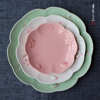 唯美樱花粉色浮雕日式陶瓷饭盘牛排盘圆盘餐盘厂家直销