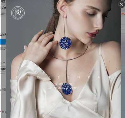 Dnqueen同款夸张蓝色大宝石项圈/耳环套装韩国奢华水晶项链女