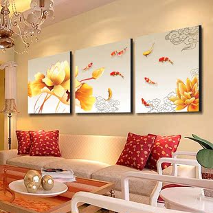 客厅装饰画水晶布纹膜三联画过道走廊家和九鱼图挂画沙发背景墙画