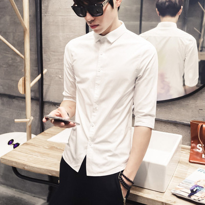 2016夏季新款韩版时尚百搭男士方领半袖上衣修身纯色五分袖衬衫