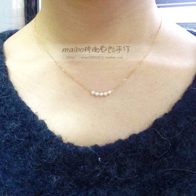 Maibo手作 18K黄金镶嵌4-4.5mm日本akoya海水珍珠项链 锁骨链