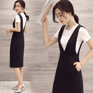 2016夏季新款韩版背带连衣裙女两件套装条纹短袖T恤气质短裙子潮
