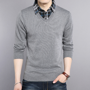 韩版针织2016秋新款格子衬衣领长袖套头毛衣修身上衣男
