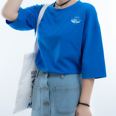 韩国夏款韩版显瘦学生可爱甜美刺绣小鲸鱼宽松短袖T恤女