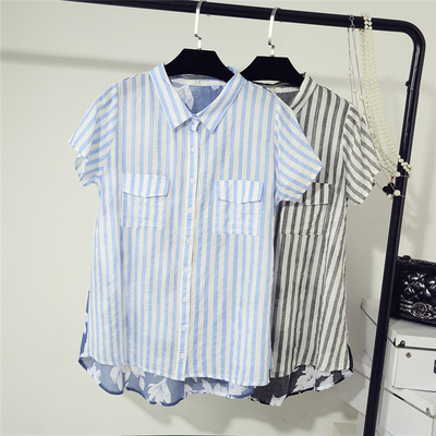 2017夏季韩版女装新品纯棉条纹this衬衫后背大花修身短袖上衣