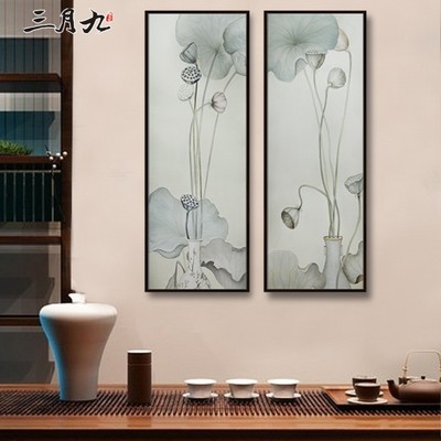 新中式禅意荷花客厅挂画沙发背景墙现代装饰画三联油画布带框包邮