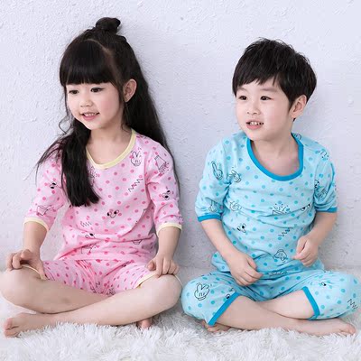 儿童睡衣男夏季纯棉薄款男童女童七分袖空调服全棉宝宝家居服套装