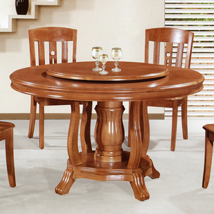实木餐桌 椅 组合 圆餐桌带转盘橡木餐台旋转圆桌 木质圆形饭桌子