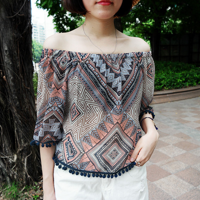 2016夏季新款韩版女装一字领露肩蕾丝雪纺衫中长款毛球短袖上衣潮