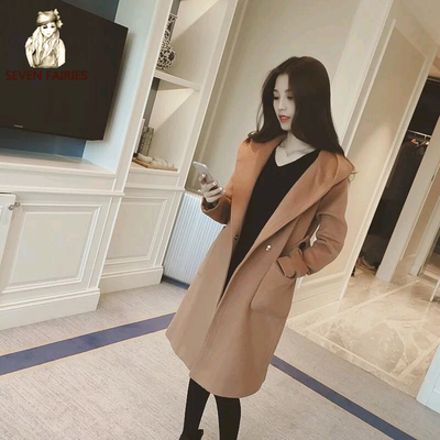 蘑菇街2016秋冬韩版女装长袖连帽中长款风衣毛呢大衣学生呢子外套