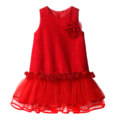 2016新款夏季儿童装女童无袖连衣裙红色蕾丝拼接纱裙演出礼服裙