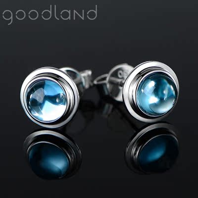 goodland珠宝 天然托帕石耳钉百搭高贵蓝色宝石水晶简约18k金耳饰