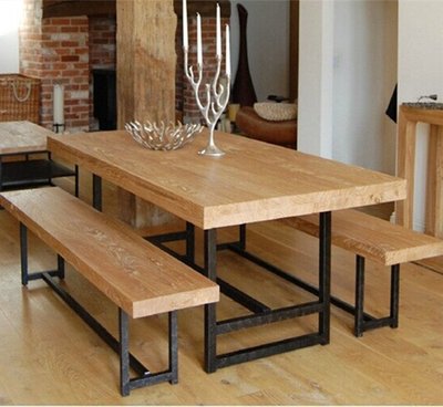 欧式铁艺复古创意简约餐桌实木办公桌椅组合会议桌书桌长凳椅子