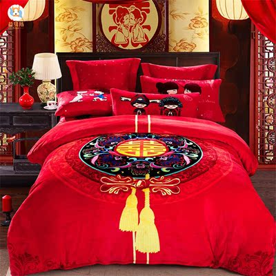 婚庆中国风被套冬加厚法兰绒被单1.8床上用品4四件套2.0m米床双人