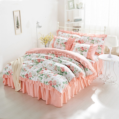 韩式纯棉夹棉四件套全棉加厚床裙4件套公主风花边床罩被套1.8米床